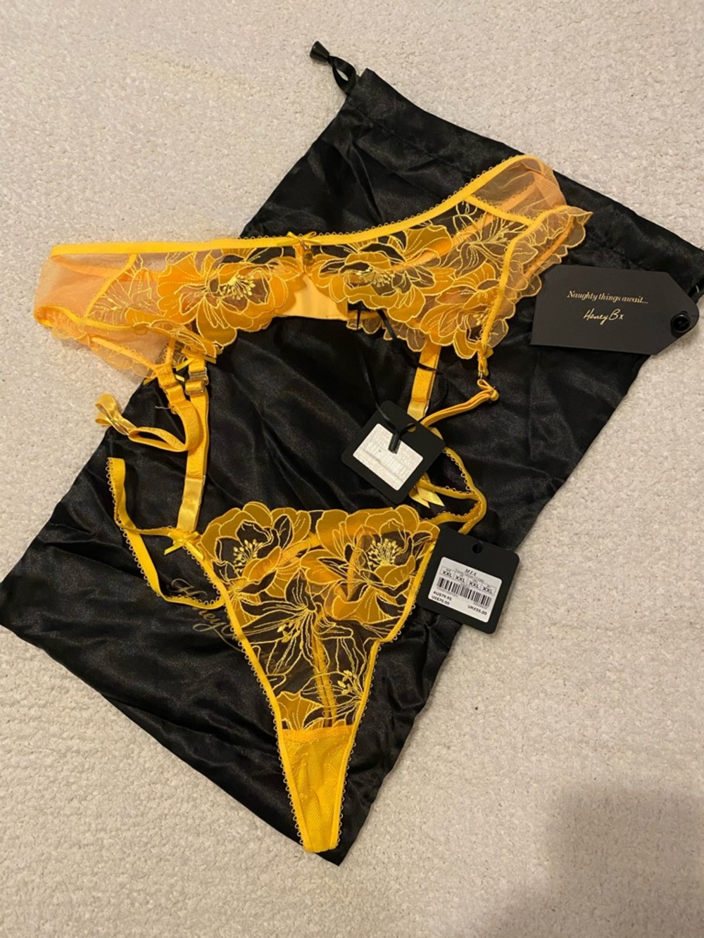 NWT Honey Birdette Yellow Floral Lace Garter Thong Set Size XXL